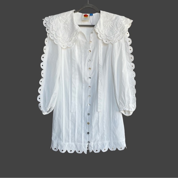 FARM RIO ANTHRO NWT White Embroidered Peter Pan Collared Long Sleeve Mini Dress - Picture 11 of 17